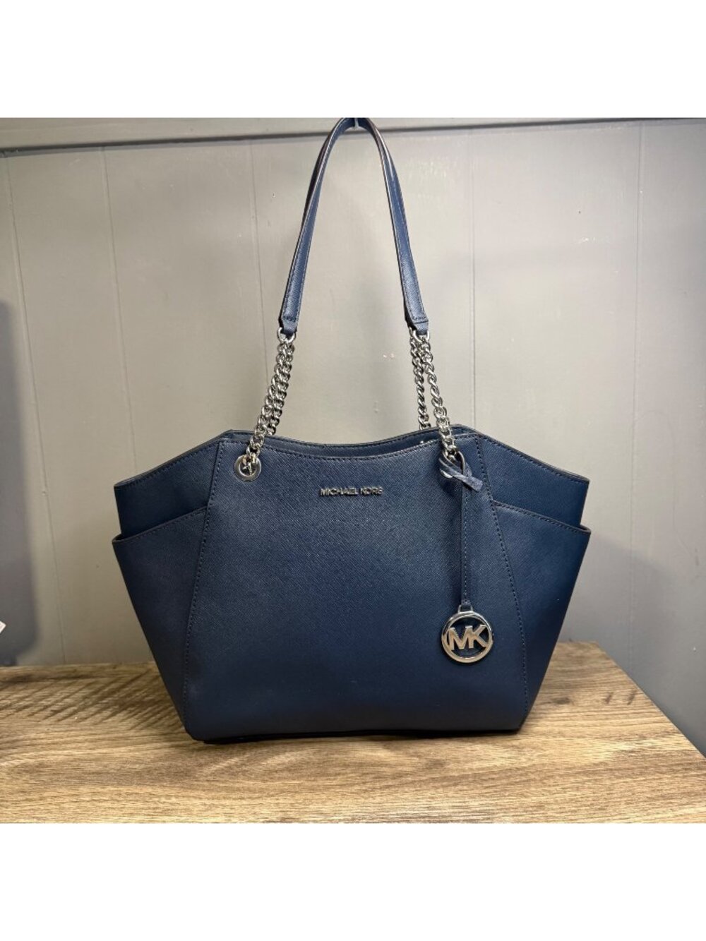 MICHAEL KORS Jet Set Chain Tote Shoulder Bag In Navy Blue Leather